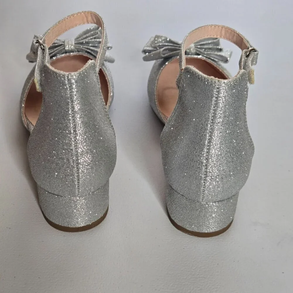 Kelly & Katie Victoria Pump Silver Glitter Front Bow Ankle Strap Girls Shoe Sz 3